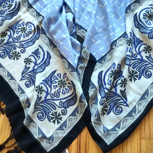 Dana Xu WOOL Oversized Scarf Blanket Pashmina Blue Cream Black Wrap Large